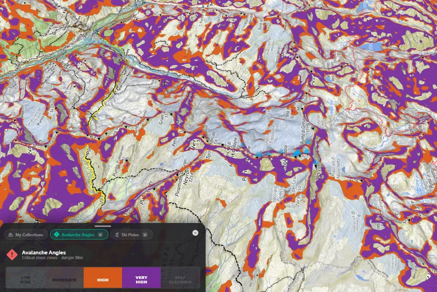 Avalanche angle overlay for mountain terrain