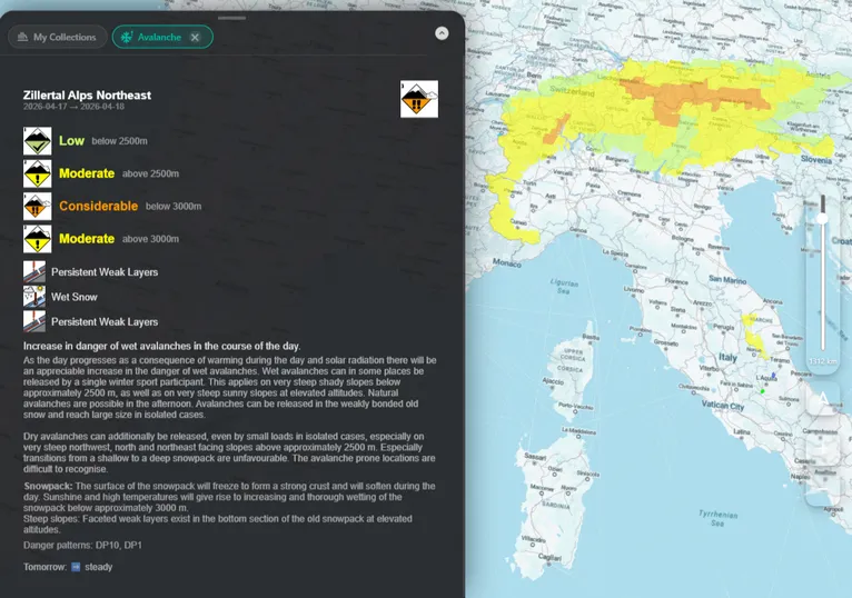 Avalanche bulletin colour-coded zone overlay