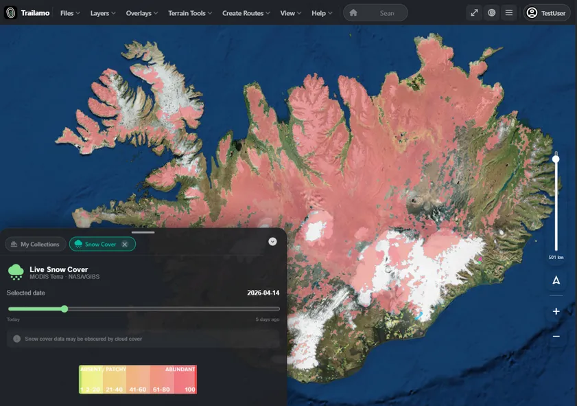 Live weather and snow overlay on mountain map